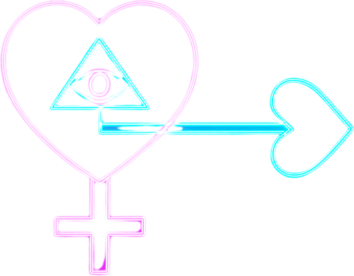 Neon cyberpunk arrow glowing hologram heart eye triangle sigil, symbol of Venus female sign with heart motif tip, magic love arrow pink cyan laser linework