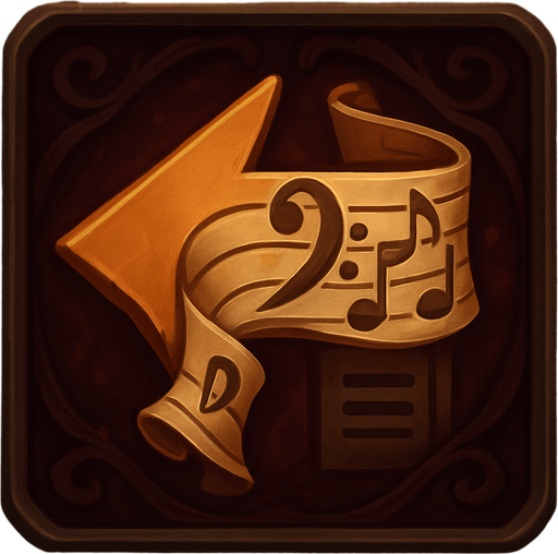 Design a button icon for "Back to Menu" in a fantasy tower defense game set in a haunted, musical concert hall.

The button should feature a stylized arrow pointing left, wrapped in or formed by musical elements such as a ribbon of notes, a bass clef, or a scroll with a staff line.

The background should be elegant and soft: deep velvet red or dark wood with subtle glow.
Optional: add a small menu symbol (like sliders or a parchment icon) subtly integrated behind or beneath the arrow.

Keep the icon square (256×256 px), readable at small sizes, and without text.
Style should match the UI of the game—refined, fantasy-themed, and orchestral in tone..
In-Game asset.  2d.  High contrast.  No shadows