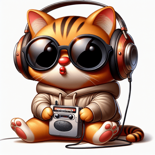 The character in the image transforms into a music-loving cat, retaining its cartoon-style appearance as an orange tabby with distinctive stripes. This cat's round face is now partially obscured by a large set of headphones, resting snugly over its big black eyes, which peek out just below oversized, round, dark opaque sunglasses. The headphones connect to a classic walkman, cradled in its paw, showcasing the cat's love for retro music vibes. Despite its prominent, exaggerated red pout shaped like a duck's bill, the cat seems even more relaxed and content as it loses itself in the melodies. Its body, smaller in proportion to its head, accentuates its adorable, chubby look, further emphasized by its simple, light-colored hoodie with a drawstring. Sitting with paws in front and a walkman in hand, the cat's relaxed posture now takes on a rhythm of its own, embodying the blissful escapism found in music. This updated portrayal, merging playful charm with a passion for tunes, perfectly suits a mascot for music education apps or as a delightful character in children's stories about the joy and universal language of music..
Single Game Texture. In-Game asset. 2d. Blank background. High contrast. No shadows.