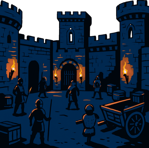 A medieval castle courtyard at dusk, guards patrolling, torches lit, training dummies and old carts, surrounded by stone walls and towers.
In-Game asset.  2d.  High contrast.  No shadows