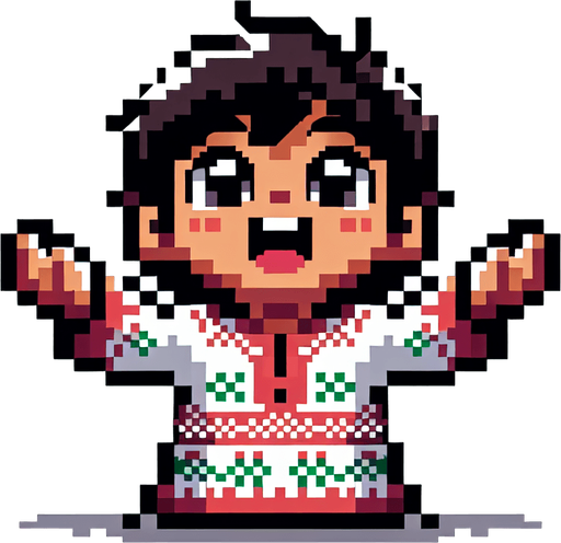 excited kid seen from the front, holding both of his hands extended upwards expecting to catch.looking upward. dressed for Christmas. Single Game Texture. In-Game asset. 2d. Blank background. High contrast. No shadows. pixelated. 8 bit