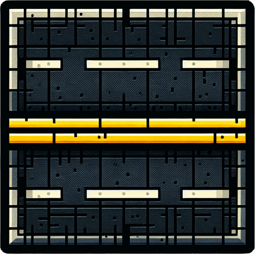 give me a rectangle shaped video game looking Road, For Example, Black concrete with the yellow lines, but horizontally.
Single Game Texture.  In-Game asset.  2d.  Blank background.  High contrast.  No shadows