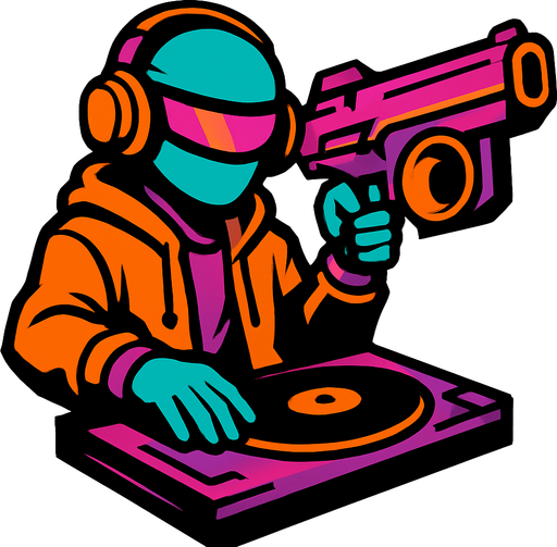 DJ with blaster.
In-Game asset.  2d.  High contrast.  No shadows