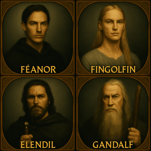 Tamamen aynı stil aynı çerçeve aynı boyut ve aynı biçimi kullan ancak Feanor (Sakalsız yüce elf), Fingolfin (Sarışın uzun saçlı elf), Elendil, Gandalf ı yap