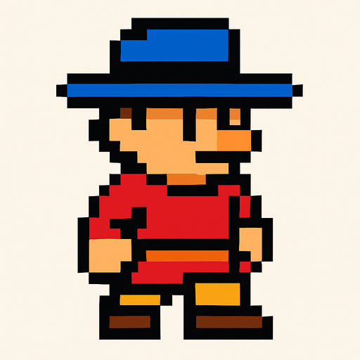 character with a hat, 2d, pixel,.
2d.  High contrast.  No shadows