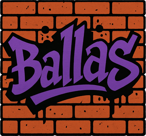 Tuğladan duvar üzerinde ballas grafitisi var,west side tarzında.
In-Game asset.  2d.  High contrast.  No shadows