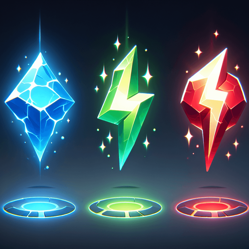 A glowing, floating power-up icon shaped like a lightning bolt, rotating in mid-air. Colors include blue, green, and red variants.".
Single Game Texture.  In-Game asset.  2d.  Blank background.  High contrast.  No shadows
