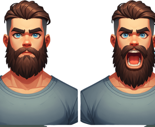 бородатый парень и он же с открытым ртом.
Single Game Texture. In-Game asset. 2d. Blank background. High contrast. No shadows.