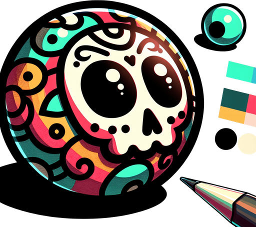 SKULL BALL. A ball with a skull on, billard ball with skull. Studio Ghibli. Ghibli style. Mobile game. Colorful. hand drawn. cute. fun. In-Game asset. 2d. Blank background. High contrast. No shadows.