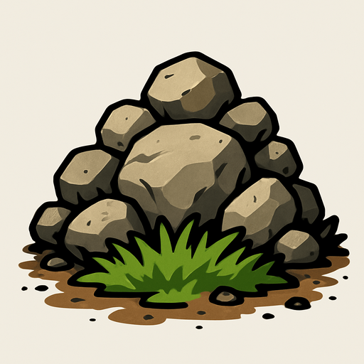 Make a pile of rocks with a grass patch in front of it and dirt scattered.
In-Game asset.  2d.  High contrast.  No shadows