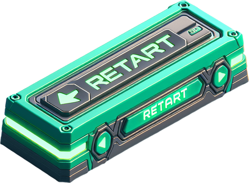 futuristic video game green long rectangle button with the text saying "RESTART".
Single Game Texture. In-Game asset. 2d. Blank background. High contrast. No shadows.