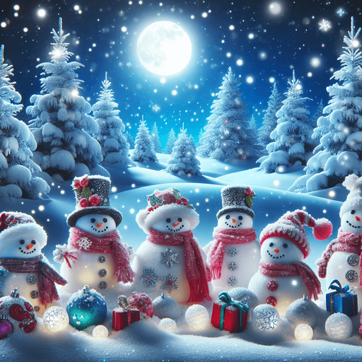 a feeric christmas landscape at night with snow men and snow flakes Background image