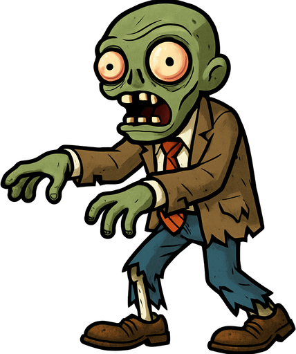 Zombie de piel verdosa y pálida, con una cabeza ovalada y dos grandes ojos saltones con pupilas pequeñas y rojizas. Su boca está abierta, mostrando dientes irregulares. Viste un traje de negocios marrón claro, una camisa blanca y una corbata roja a rayas, todo rasgado y sucio. Sus pantalones azules están hechos jirones, dejando ver una pierna esquelética, y calza zapatos marrones desgastados. Sus brazos están extendidos ligeramente hacia adelante.
In-Game asset.  2d.  High contrast.  No shadows