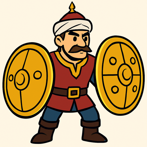 Animasyon çizgi dizi tarzında kalkanlı osmanlı askeri.Kalkanları büyük olsun
In-Game asset.  2d.  High contrast.  No shadows