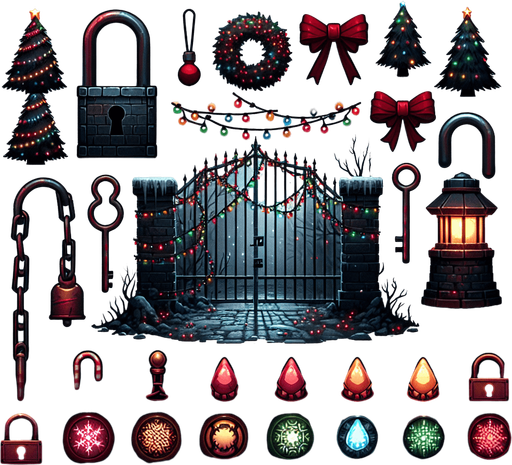 eerie christmas inspired christmas light lock with a resident evil style.
Single Game Texture. In-Game asset. 2d. Blank background. High contrast. No shadows.