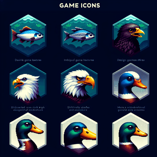 A sprite sheet for game icons featuring a fish, an eagle and a mallard. Hexagon icons featuring the head of animal. 
Single Game Texture. In-Game asset. 2d. Blank background. High contrast. No shadows.
