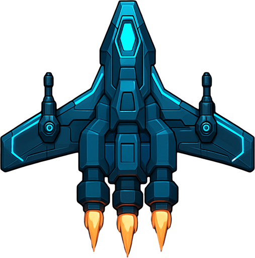 Upgrade the Level 1 ship into a more capable 2D top-down design. Add wing extensions with subtle glowing lines, a larger engine section with animated thrusters, and two visible weapon hardpoints. Add more color variation (blues, steel, light glow effects) to indicate progress and increased power..
In-Game asset.  2d.  High contrast.  No shadows