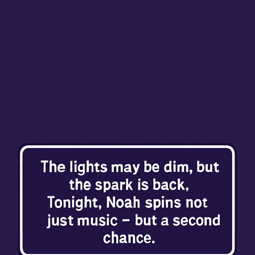 A rectangular comic-style narrator box placed near the bottom of a vertical panel (2048x2732). Dark purple background with rounded corners, white border. Inside, centered white text in clean comic font reads:
"The lights may be dim, but the spark is back. Tonight, Noah spins not just music — but a second chance.".
In-Game asset.  2d.  High contrast.  No shadows