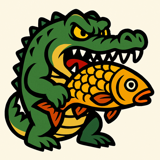 Angry crocodile holding a carp.
In-Game asset.  2d.  High contrast.  No shadows