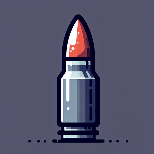 A single bullet.
Single Game Texture. In-Game asset. 2d. Blank background. High contrast. No shadows.