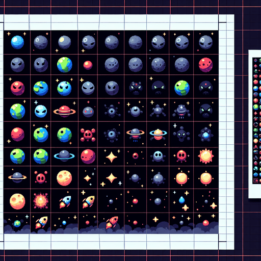 A spritesheet of various planets that are enemy characters or obstacles in a space game. laid out in a grid with blank space between them..
Single Game Texture. In-Game asset. 2d. Blank background. High contrast. No shadows.