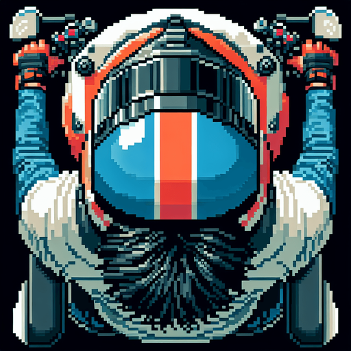 Directly overhead, plumb view of a man wearing a motorcycle helmet from the back (we see his back).
Zenith view, directly overhead, plumb view. NOT PERSPECTIVE!. Pixel art