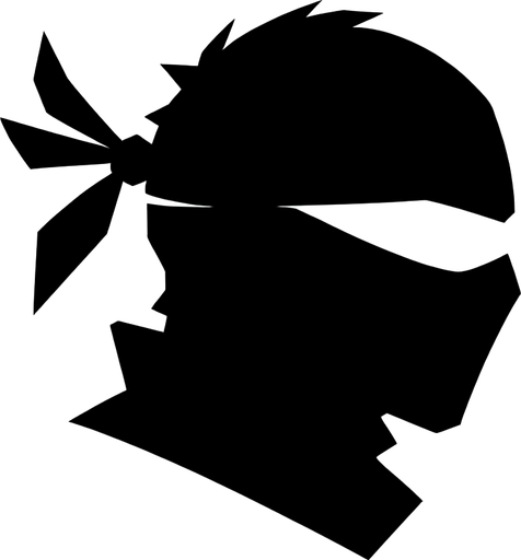 A minimalist icon depicting a ninja head silhouette in black. The silhouette should be simple and recognizable, with a headband or mask detail. The background should be transparent or a contrasting color (e.g., red or white)..
Single Game Texture. In-Game asset. 2d. Blank background. High contrast. No shadows.