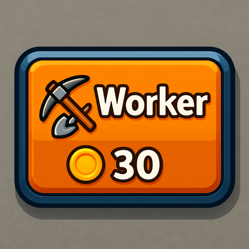 Crea un botón interactivo UI estilo 2D renderizado, limpio y cartoonish. Debe tener contornos definidos, colores vibrantes y sombreado que dé volumen. Será un rectángulo con esquinas ligeramente redondeadas, coherente con el botón de Torre. El fondo del botón será sólido y neutro (metal/piedra sutil), similar al botón de Torre para mantener coherencia UI.

El botón debe contener:

Texto Principal: La palabra "Worker" (Trabajador) claramente visible en la parte superior central.

Icono Secundario (Opcional): Un símbolo estilizado que represente el trabajo o recolección (ej. un pico y una pala cruzados, o un casco de minero), ubicado a la izquierda del texto "Worker" (o a la derecha, si el diseño lo favorece).

Precio: El texto "30 Oro" (o símbolo de oro y "30") claramente visible en la parte inferior central (o en una esquina inferior). Este precio debe ser una parte integral del diseño del botón (mismo asset).

Los colores de texto/icono deben contrastar claramente con el fondo (ej. bl.
In-Game asset.  2d.  High contrast.  No shadows