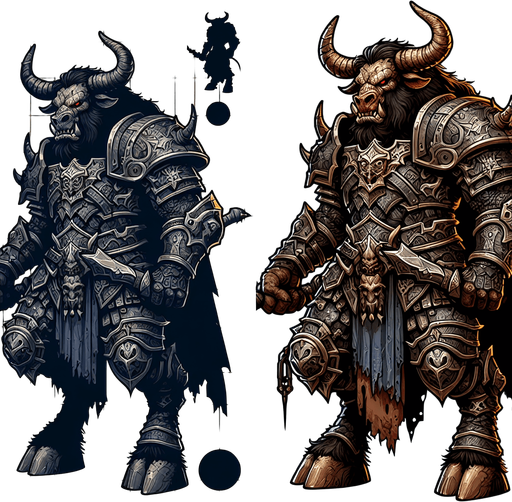 2D armored evil minotaur.
Single Game Texture.  In-Game asset.  2d.  Blank background.  High contrast.  No shadows
