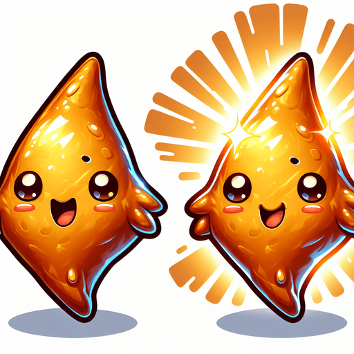 Create a cute and shiny 2D samosa with a golden-brown crispy texture. It should have a smiley face and a slight glow, making it look collectible and delicious. The art style should be cartoonish and exaggerated for a fun game..
Single Game Texture.  In-Game asset.  2d.  Blank background.  High contrast.  No shadows