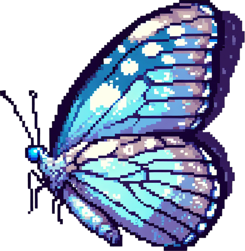 pixel butterfly looking left, showing the left profile.
Single Game Texture. In-Game asset. 2d. Blank background. High contrast. No shadows.