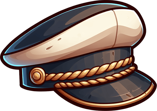 A captain’s hat. Side profile. Cartoon.
Single Game Texture.  In-Game asset.  2d.  Blank background.  High contrast.  No shadows