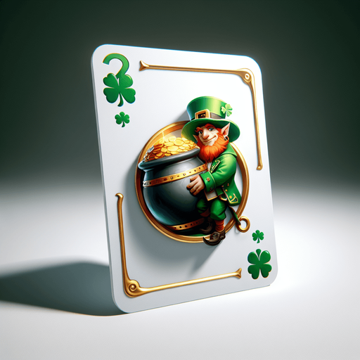 Leprechaun on a white papercard with rounded corners, front view..
Single Game Texture.  In-Game asset.  2d.  Blank background.  High contrast.  No shadows