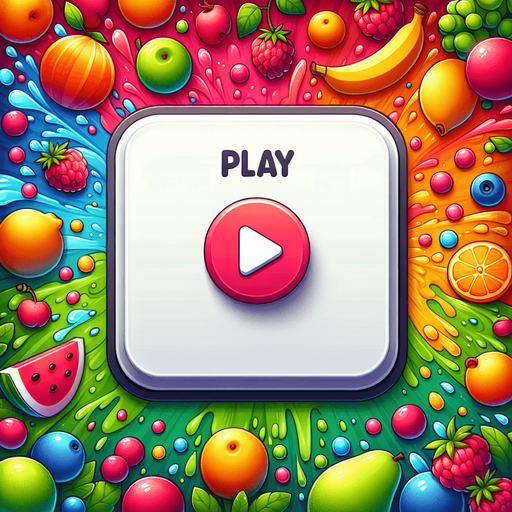 "play" text written on the button fruits splash around the border.
Single Game Texture.  In-Game asset.  2d.  Blank background.  High contrast.  No shadows