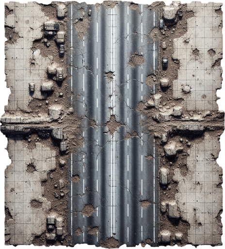 Over head view of a section of road for an endless vertical shooter. Scarred and pitted by battle. High definition..
Single Game Texture. In-Game asset. 2d. Blank background. High contrast. No shadows.