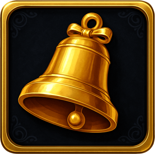 Crea un asset visual completo para el símbolo 'D' de Megaways: una Campana Dorada, directamente sobre su panel de fondo.

Diseño General:

Forma: Un panel cuadrado o ligeramente redondeado.

Fondo del Panel: Terciopelo oscuro (negro o azul noche) o un metal pulido muy oscuro.

Borde: Un borde elegante dorado o plateado alrededor del panel.

Detalles del Fondo: Puede tener un patrón sutil de filigrana de casino en las esquinas del panel.

Símbolo Central (la Campana):

Una campana clásica de tragamonedas, con un acabado dorado metálico y pulido, posicionada centralmente.

Debe tener un brillo sutil y un diseño elegante.

Puede tener un pequeño lazo o detalles decorativos..
In-Game asset.  2d.  High contrast.  No shadows