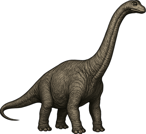 A massive Diplodocus dinosaur shown in a calm standing pose on a transparent background. It has an extremely long neck and tail, with a large bulky body covered in grayish-brown textured scales. The head is small with gentle eyes and a narrow snout. The skin shows wrinkles and rough textures, emphasizing the dinosaur’s massive size and ancient nature. The legs are thick and sturdy, supporting its heavy frame..
In-Game asset.  2d.  High contrast.  No shadows