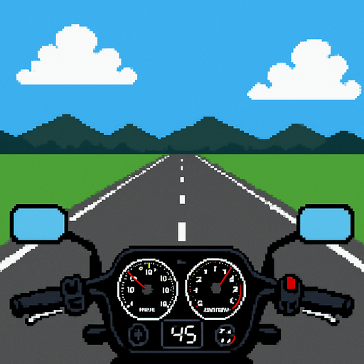 Place a fixed motorcycle cockpit graphic that spans the full width of the bottom of the screen. It should stay anchored to the UI and not move with the player or the game world. The cockpit should appear in front of the gameplay area, like a HUD overlay..
In-Game asset.  2d.  High contrast.  No shadows
