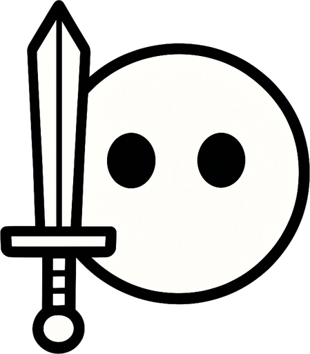 White simple circular enemy seen from above, black outline. Black eyes, with a single Sword in-font of it. Black and white only. Blue background.