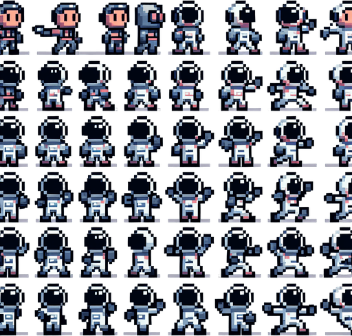 pixelart. A spritesheet containing a number of different views of tiny astronauts in various poses and views, some facing to the sie, some to the front, some with one arme raised, some in midjump, some waving. All with heltmets on. Sprites should be laid out in a rectangular grid with empty space betweem them..
Single Game Texture. In-Game asset. 2d. Blank background. High contrast. No shadows.