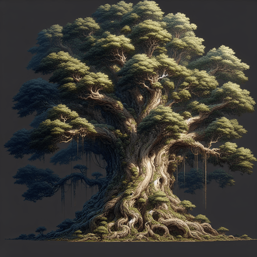 Giant_tree.
Single Game Texture.  In-Game asset.  2d.  Blank background.  High contrast.  No shadows