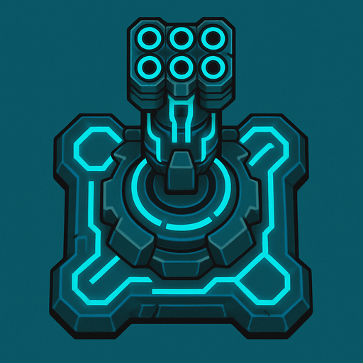 top-down view, small rapid-fire digital turret, multiple mini barrels, bright cyan glowing circuits, compact and fast look.
In-Game asset.  2d.  High contrast.  No shadows