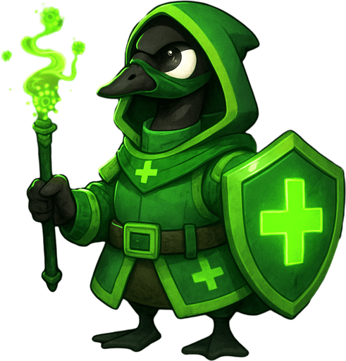 A Canadian Goose in Green Glowing Anti Virus Outfit Armed with anti virus magic.
In-Game asset.  2d