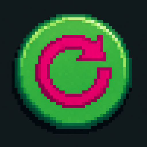 A green circular button featuring a fuchsia-colored refresh icon, designed in Pixel Art style.