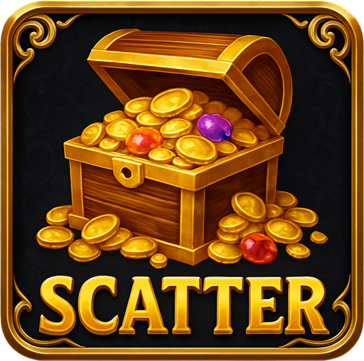 Crea un asset visual completo para el símbolo 'S' (Scatter) de Megaways: un Cofre del Tesoro o Bolsa de Dinero, directamente sobre su panel de fondo.

Diseño General:

Forma: Un panel cuadrado o ligeramente redondeado.

Fondo del Panel: Terciopelo oscuro (negro o azul noche) o un metal pulido muy oscuro.

Borde: Un borde elegante dorado o plateado alrededor del panel.

Detalles del Fondo: Puede tener un patrón sutil de filigrana de casino en las esquinas del panel.

Símbolo Central (Cofre/Bolsa):

Un cofre del tesoro abierto desbordando monedas de oro y joyas, o una bolsa de dinero con el signo '$', posicionada centralmente.

Colores: Dorados, marrones y brillantes..
In-Game asset.  2d.  High contrast.  No shadows