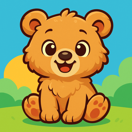 A cute cartoon-style bear character designed for a mobile game. Fluffy fur, big round eyes, small black nose, rounded ears, standing or sitting with a joyful and friendly expression. Light brown or beige color, simple colorful background. High-quality digital illustration, perfect for a kids game..
In-Game asset.  2d.  High contrast.  No shadows. cartoon style