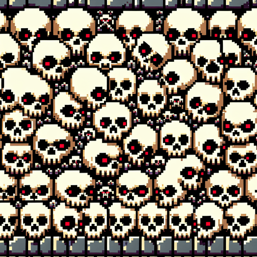 16 bit wall of skulls with red eyes Single Game Texture. In-Game asset. 2d. Blank background. High contrast. No shadows.