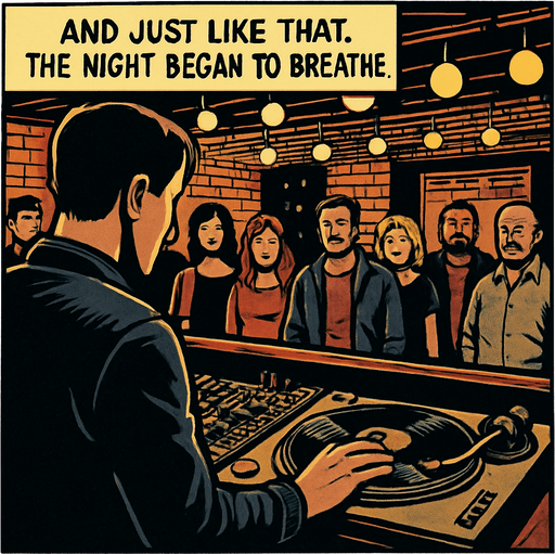 A comic panel styled like a square photo print with a clean white border. Realistic comic art. Scene: Over-the-shoulder view of Noah at the booth, the crowd in the bar small but curious. One hand on the vinyl, lights begin to flicker rhythmically. Narrator box at the top reads: “And just like that, the night began to breathe.”.
In-Game asset.  2d.  High contrast.  No shadows