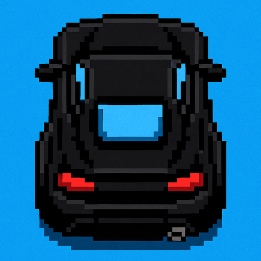un auto negro deportivo hecho con pixeles con la perspectiva desde arriba y trasera.
In-Game asset.  2d.  High contrast.  No shadows