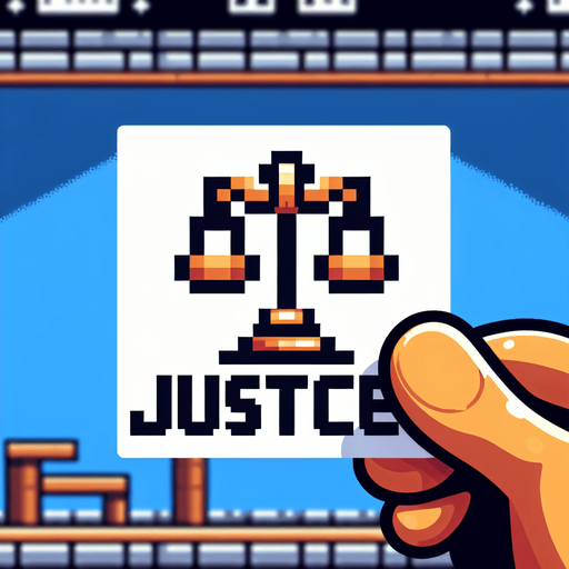 justice logo. 8-bit. cartoon..
Single Game Texture. In-Game asset. 2d. Blank background. High contrast. No shadows.